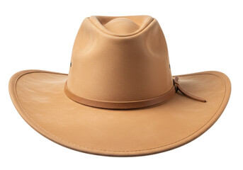 Isolated sandy-brown Australian bush hat with leather band, outdoor apparel, adventure gear