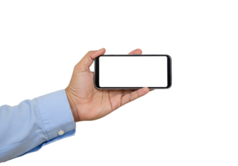 Isolated hand holding smartphone in landscape orientation for application UI design prototype