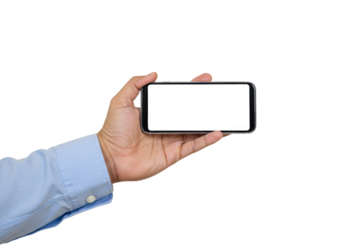 Isolated hand holding smartphone in landscape orientation for application UI design prototype