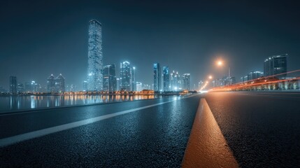 Cityscape at night with illuminated skyscrapers and a highway