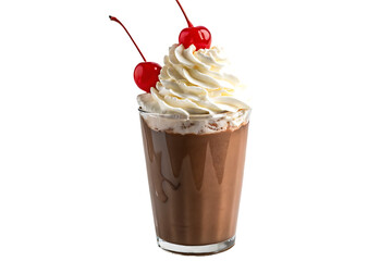 Chocolate milkshake with whipped cream and cherries isolated on transparent background, a sweet and indulgent treat