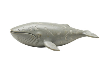 Isolated, carved stoneware whale figure depicting moons, stars and constellations, gray color © Cian