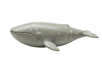 Isolated, carved stoneware whale figure depicting moons, stars and constellations, gray color