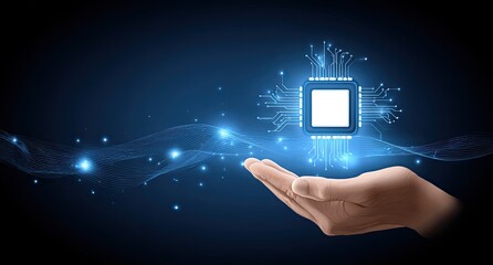 A hand holds a glowing circuit board