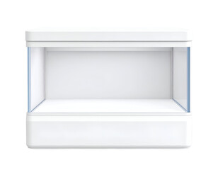 Empty white modern display case with glass sides, isolated on black background