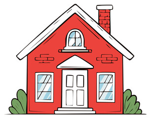Whimsical red brick house with white trim, chimney, and garden foliage in an illustration style