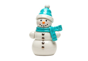 Isolated ceramic snowman figurine with blue hat and scarf, festive holiday decor