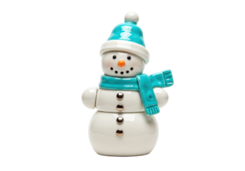 Isolated ceramic snowman figurine with blue hat and scarf, festive holiday decor