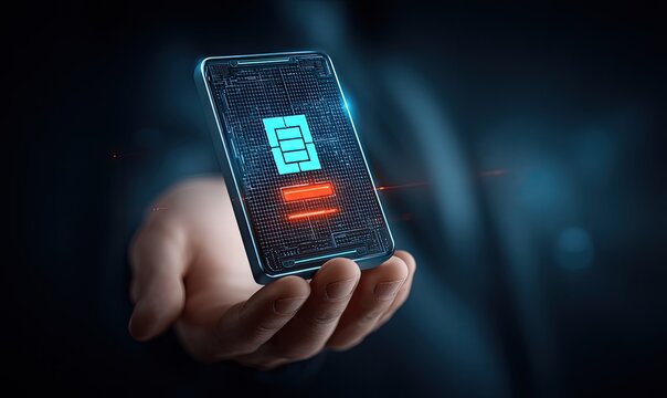 Hand holding futuristic smartphone with low battery indicator