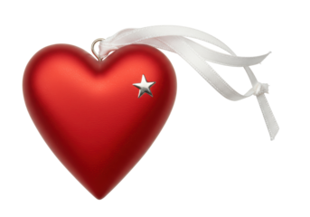 Isolated Heart-shaped Christmas bauble in red with a silver star, and ribbon loop decoration