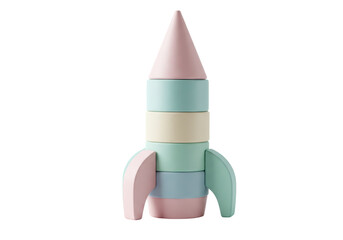 Isolated handcrafted stack of wooden toy blocks in pastel colors, spaceship rocket