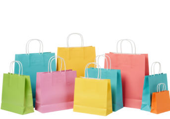 Isolated multicolored paper shopping bags for carrying products, sale or gifts on a surface