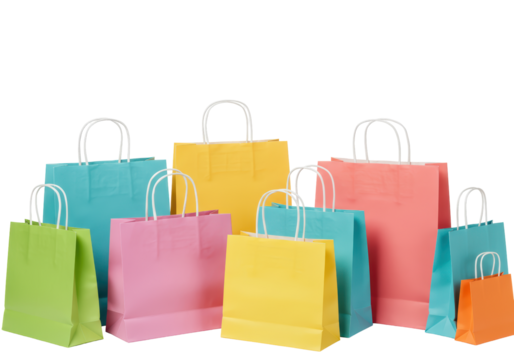Isolated multicolored paper shopping bags for carrying products, sale or gifts on a surface