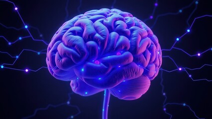 Illuminated purple brain with glowing nodes and connections on a dark background design concept