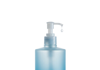 Isolated blue plastic liquid soap dispenser with pump dispensing a drop of liquid