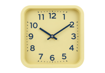 Isolated square alarm clock with a pale yellow case showing the time as ten minutes past two