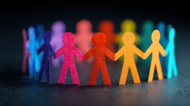 Vibrant Paper Sculpture Team Gathering, Interconnected People Forming Intricate Chain on Dark Background Perfect for Inspiring Creativity and Collaboration in Design and Marketing Projects.