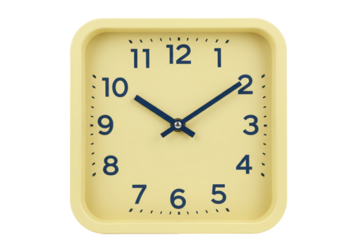 Isolated square alarm clock with a pale yellow case showing the time as ten minutes past two