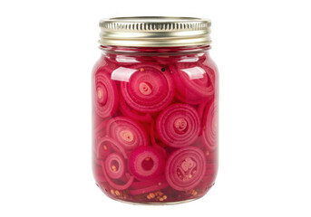 Isolated pink pickled onions in a glass jar with silver lid for use in recipes and condiments