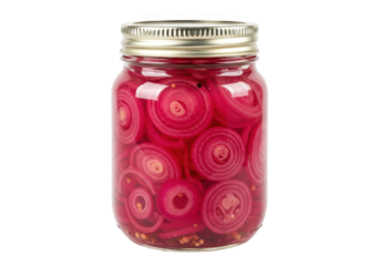 Isolated pink pickled onions in a glass jar with silver lid for use in recipes and condiments