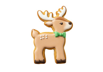 Isolated reindeer cookie with green bow tie, holiday treat, cute animal, food sweet