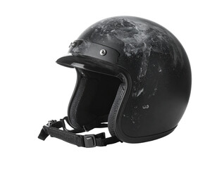 A dusty black vintage motorcycle helmet, isolated on a white background.