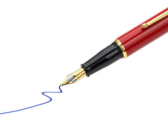 Isolated red fountain pen with a gold nib and blue ink, close-up office tool for writing