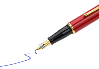 Isolated red fountain pen with a gold nib and blue ink, close-up office tool for writing