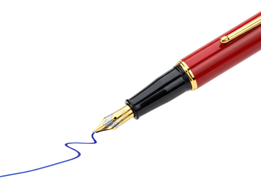 Isolated red fountain pen with a gold nib and blue ink, close-up office tool for writing
