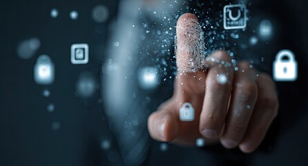 A hand touching a digital fingerprint interface