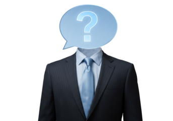 Isolated suited person with question mark thought bubble in place of their head concept