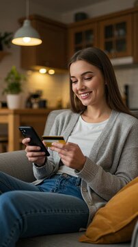Happy woman paying online with a mobile phone and credit card. Vertical footage