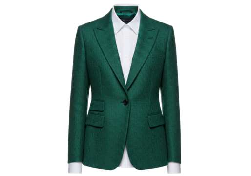 Isolated stylish green jacket with button and pockets on hanger ready to be worn