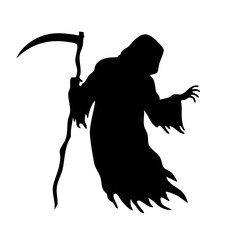 Vector silhouette of a hooded figure with a scythe, flying. A spooky Halloween character  the Grim Reaper. For horror, seasonal, and dark fantasy designs.