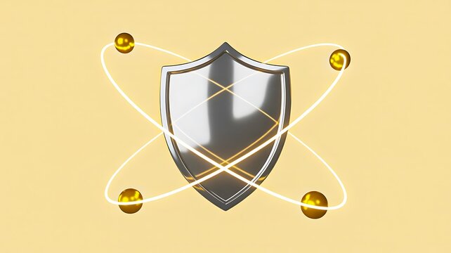 Metal shield with atomic orbit and glowing particles symbolizing digital security and protection
