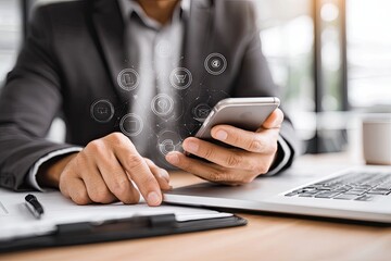 Businessman using smartphone with digital interface overlay