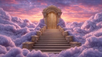 Golden Doorway at Top of Staircase, Surrounded by Fluffy Clouds