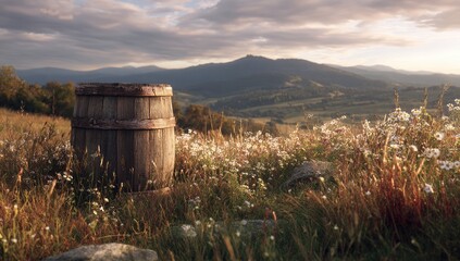 Rustic wooden barrel on a hillside meadow at sunset