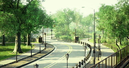 A serene pathway meanders through a vibrant green park, lined with tall trees and elegant street lamps. The peaceful setting invites leisurely walks and quiet reflection.