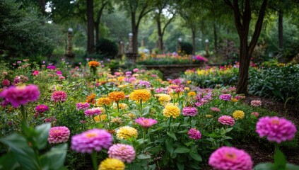 Obraz premium Lush garden bed bursting with colorful zinnias