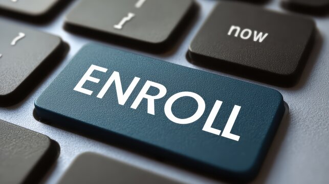 Blue Enroll Now Button Highlight on Detailed Computer Keyboard Key Ideal for Digital Marketing, ELearning, or TechFocused Campaigns, Inspiring a Sense of Urgency.