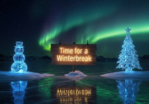 Magical winter scene with snowman christmas tree and aurora borealis