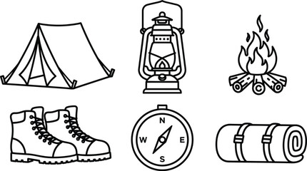 A set of six black and white line art icons representing essential camping and hiking equipment.