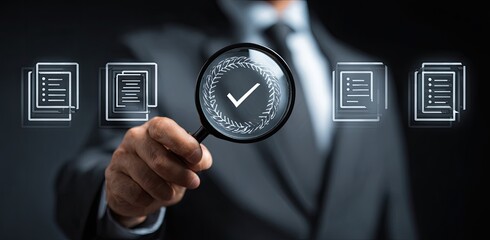 Businessman examining documents with magnifying glass, highlighting approval