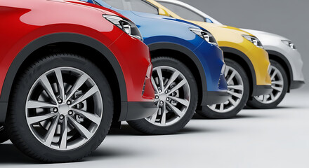Naklejka premium A row of parked colorful crossover suv cars in red, blue, yellow, and silver on a light background.