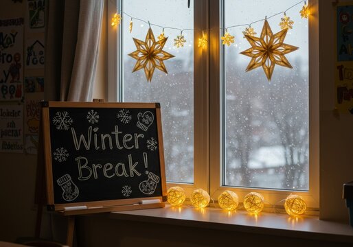 Cozy winter break scene with star lights and chalkboard message