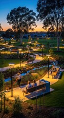 Obraz premium Evening glow in a modern park with illuminated pathways and people relaxing on benches.