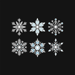 Elegant vector snowflake collection with geometric winter patterns, decorative Christmas design elements, seasonal holiday symbols on dark background illustration.