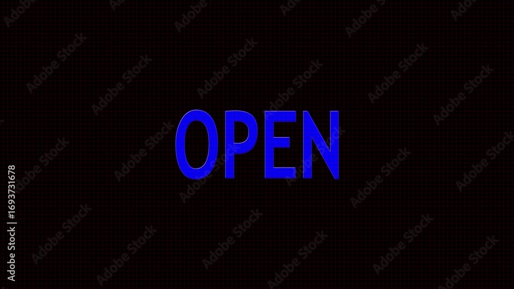 Aufkleber open text ,open sign appear on black background ,4k animation loop with dynamic glitch distortion ef