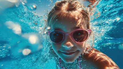 Naklejka premium Young Girl in Bright Blue Pool, CloseUp Swimming Shot Vibrant Summer Leisure, Perfect for Social Media or Lifestyle Campaigns, Invigorating Scene Ideal for HighEnergy Campaigns.